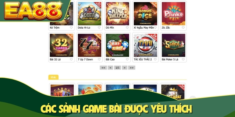 Các sảnh game bài được yêu thích