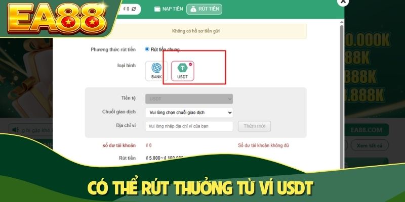 Có thể rút thưởng từ ví USDT