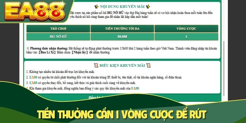 Tiền thưởng cần 1 vòng cược để rút